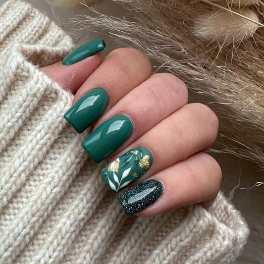 24pcs Green Full Cover Nail Leaves Design Press on Nails Tips Wearable Short Square False Nail Art with Glitter Ballet Fake Nail