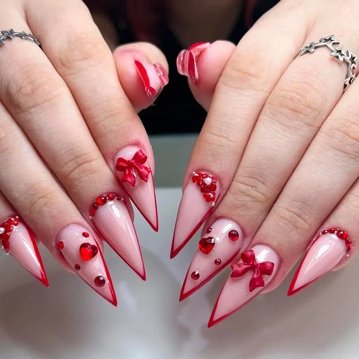 24PCS Red Bow Red False Nails Love Gemstones Stiletto Press on Nails Valentines Day French Tip Design High End Daimond Manicure