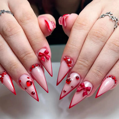 24PCS Red Bow Red False Nails Love Gemstones Stiletto Press on Nails Valentines Day French Tip Design High End Daimond Manicure