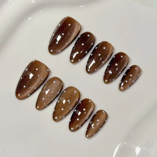 24pcs Bow Design Stick on Nail Tips Gilded Cat's Eye Almond False Nail Art French Brown Fake Nail Sets Reusable Press on Nails