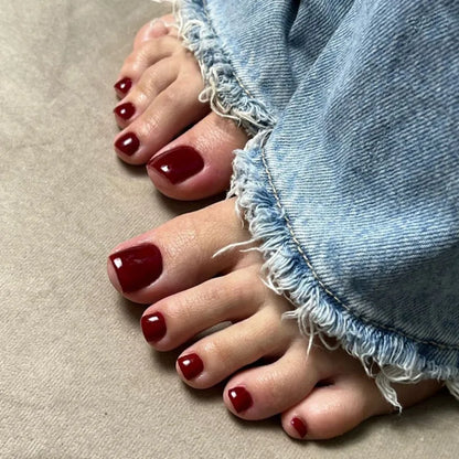Wine Red Solid Color False Nails Art Simple French Pink White Polk Dot Summer Beach Fake Toenails Charms Cat Eye Press on Nails