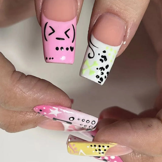 24pcs Y2K girl style Fake Nails Musical Note Star Pattern Long Coffin False Nails Wearable Spicy Girls Ballet Press on Nails