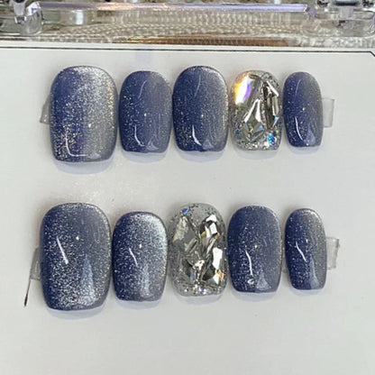 10Pcs Dark Blue Cat Eye Press on Nails Wearable Round Head Oval Nail Tips with Diamonds Full Cover Acrylic Nails Short Nail Art