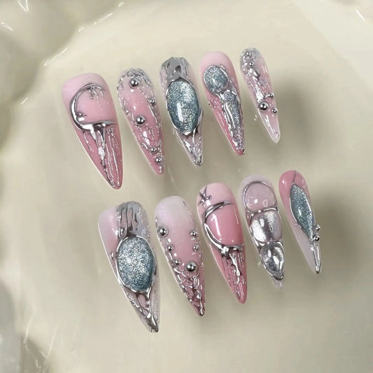 10Pcs Spice Girl Metallic Silver Stripes Handmade Fake Nails Long Blue-pink Cat Eye Design Detachable Stiletto Nail Tips Art Set