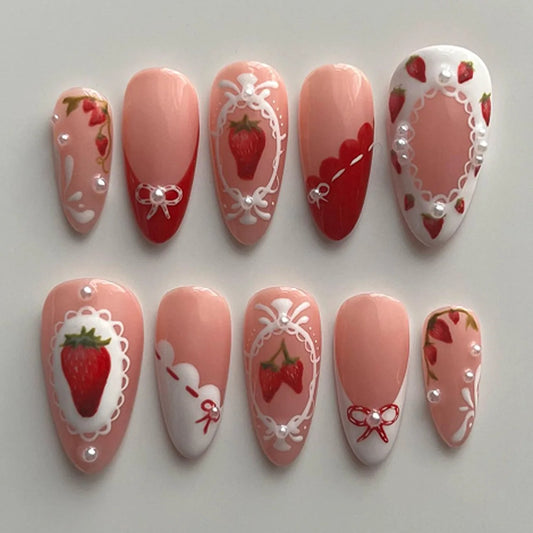 24pcs Almond Fake Nails Tips Sweet Bow Design Wearable False Nails Art Ins Pink French Long Oval Press on Nails Sets Finished