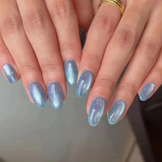 24pcs Cat's Eye Almond Fake Nails Art Blue Short Oval False Nail Tip Reusable Solid Color Press on Nails Glitter Full Cover Nail
