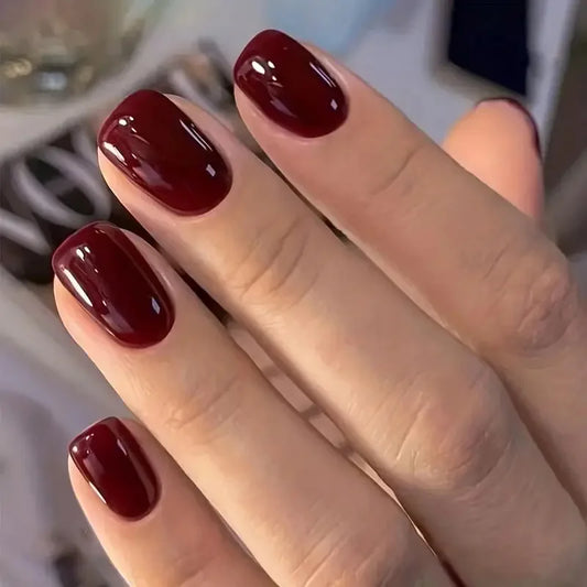 24Pcs Solid Color Wine Red Design Press on Nail Short Square False Nails Art Simple Detachable Finished Fake Nail Tips Manicure