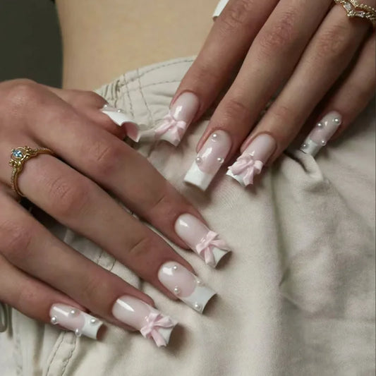 24pcs Long Square Head False Nail with Pearl Pink Bow Design Ballet Nails Simple White French Press on Nails Wearable Fake Nail