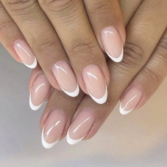 White French Classic Short Rround Nail Art Wearable Fashion Fake Nails Detachable Finished False Nails Press on Nails with Glue