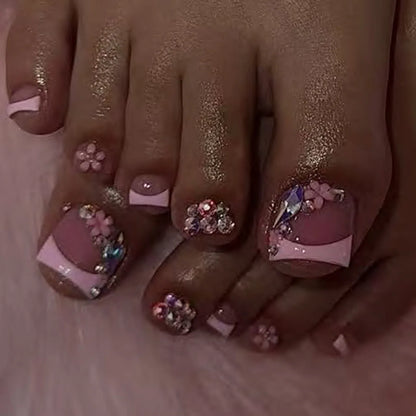 Silver Glitter White French Simple Wearable Nail Art Fashion Fake Toenails Detachable Finished Toe False Nails Press on Nails