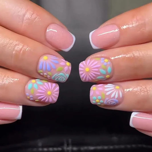 24pcs Simple Pink Fake Nails Sweet Colorful Flower Short Square False Nail Sets Finished Datachable Press on Nails Tips Manicure
