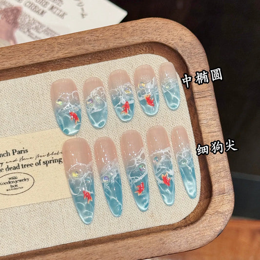 10pcs Handmade Water Ripple Cat Eye Press on Nails Ice Through Blue Fake Nails Almond Wearable Detachable Glitter False Nail Tip