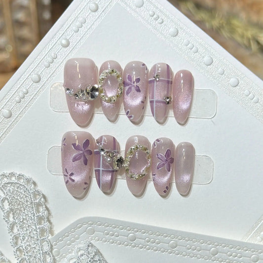 10Pcs Mid-length Almond Handmade Fake Nails Purple Cat's Eye Manicure Tips Flower Grid Rhinestone Reusable Press on False Nails
