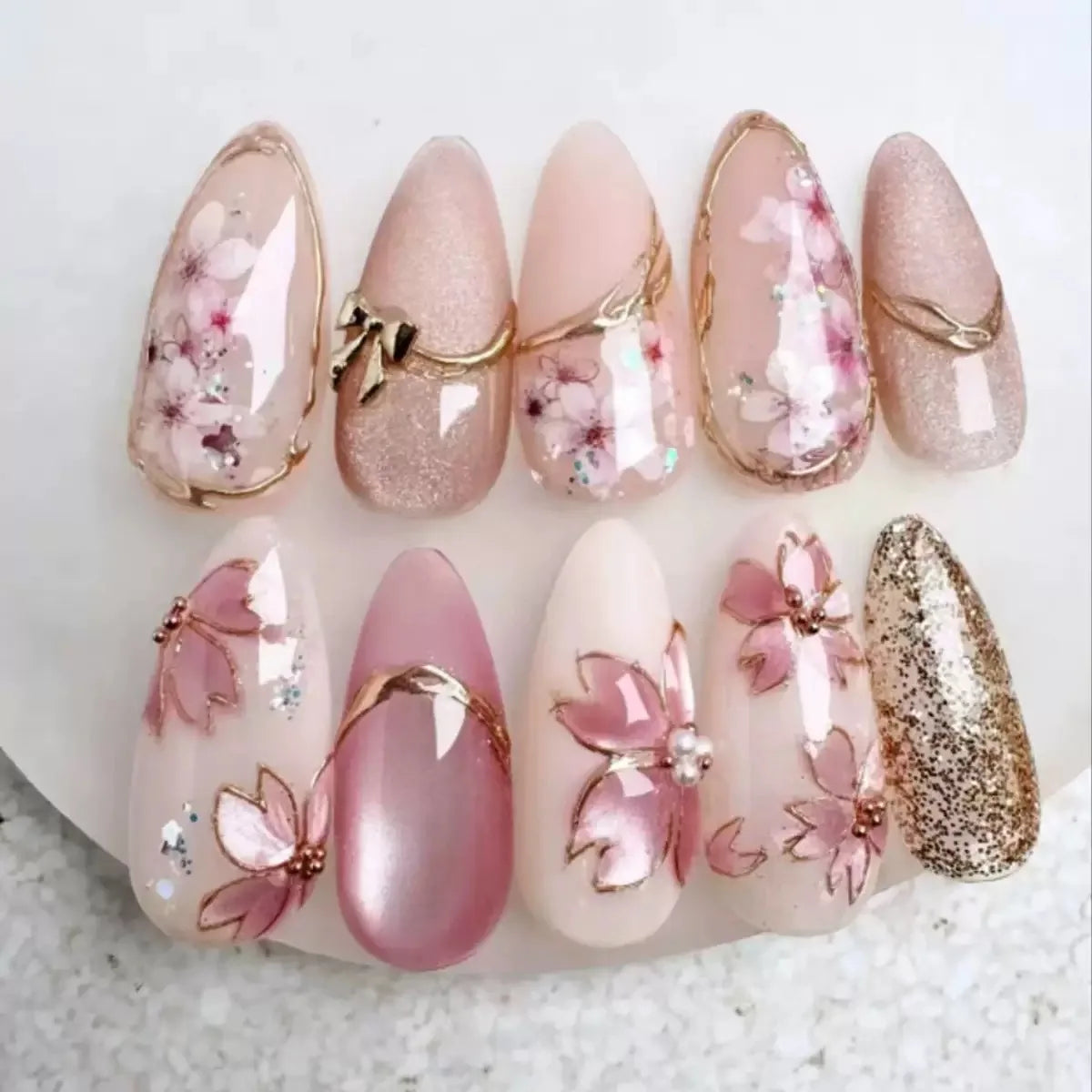 24Pcs Light Blue Smudge Fake Nails Press on Almond Gold Leaf Removable Long Full Cover Nail Tips Wearable Finished Nail Art