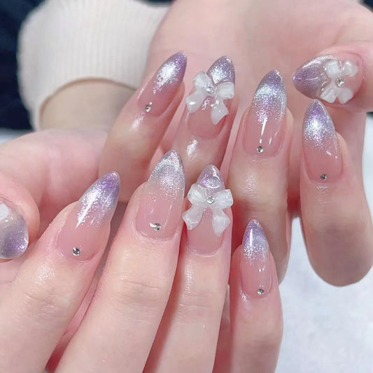 24Pcs Almond Fake Nails Sweet Purple Cat's Eye French False Nails 3D Bow Rhinestone Press on Nails Reusable Full Cover Nail Tip