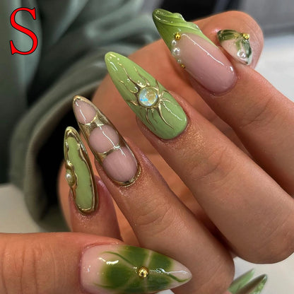 Y2k 10PCS Long Almond Fake Nails, Gold-Plated Flower And Pearl Decoration, Cat Eye Design Rhinestone Decoration Fake Nails