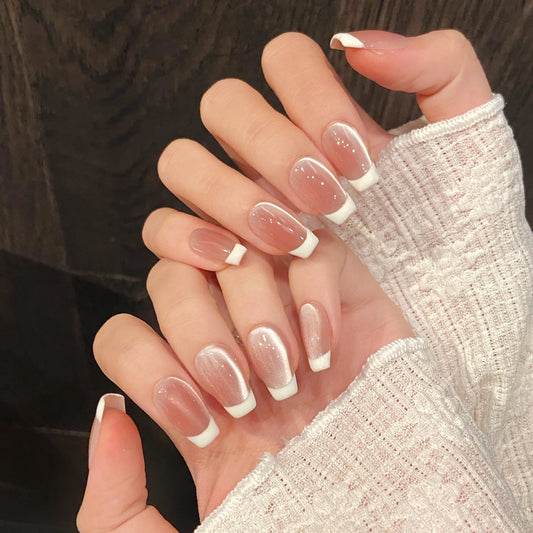 10pcs Handmade French Cat Eye Press on Nails Ins Simple Nude Pink Sweet Girl Fake Nails Reusable Wearable Korean False Nail Tips