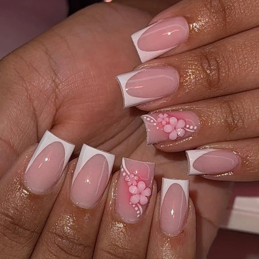 10PCS Handmade Pressed French White Edged Square Short Nails With Pink Flower Design Cleverly Designed Bare Nails And Fake Nails