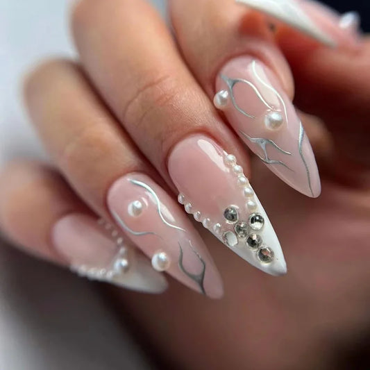 24pcs Rhinestone Design Fake Nails White French Long Almond False Nail with Pearl Press on Nails Reusable Pink Stiletto Manicure