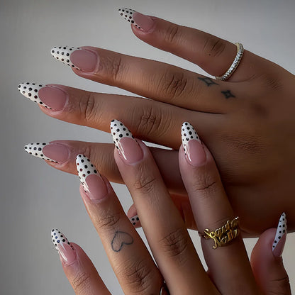 Spicy Girls Almond Fake Nails 24Pcs French Press On Nails Polka Dot/Stripe Printed Charm Manicure Full Cover Stick-on False Nail