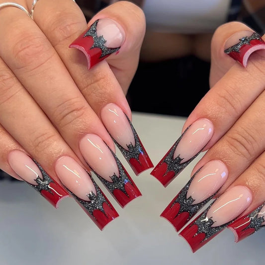 Black Bat Fake Nails Red French False Nail Patch for Girl Women Wearable Full Cover Long Coffin Ballet Press on Nail Tips