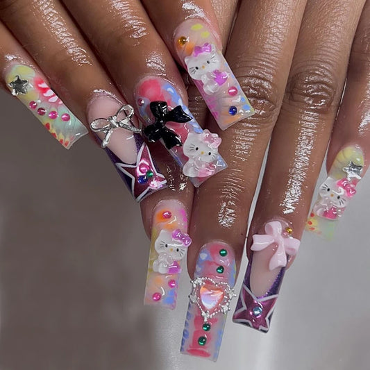 24 Long Square Armor Sanrio Hello Kitty Diamond Colorful Flash Diamond Black Pink Butterfly Diamond Love Gem Diamond Wear Armor