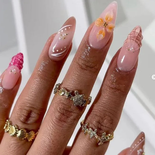 24Pcs Almond French Brown Smudge Nails Set Press on 3D Flower Pearl Design Fake Nails Art Full Cover Detachable False Nails Tips
