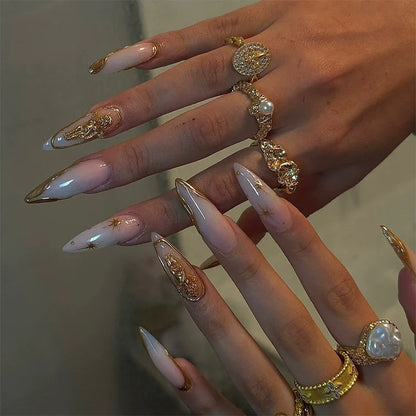 24pcs Long Almond Press on Nails Gold Bow Fake Nails Cherry Pattern False Nail Artificial Tips Накладные Ногти Uñas Postizas 네일팁
