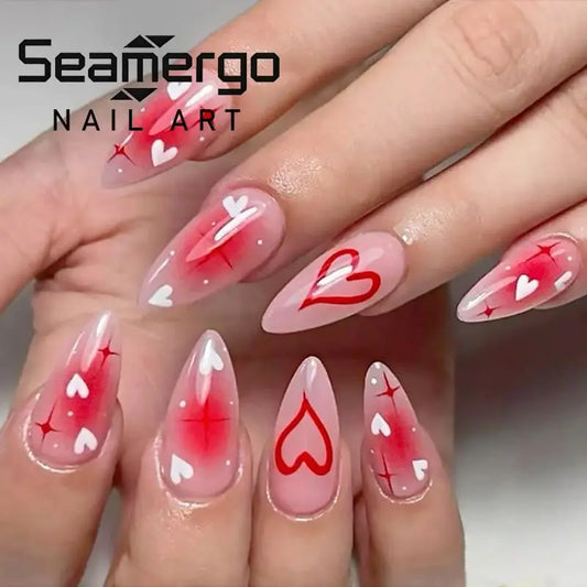 24PCS Sweet Style Press on Nails Almond Shape Bright Powder Blusher Halo Dyed Gradient Love Heart Design Manicure Valentines Day