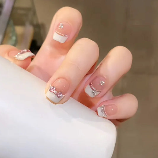 10Pcs Pink White French Short Square Press on Nails Full Cover Cute Shiny Bow Rhinestone Chain Finished Nail Stickers Reusable