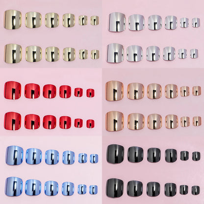 24 pcs Glossy Gold Silver Metallic Mirror Press On Chrome Toenails Short Square Fake Toenails for Women and Girls