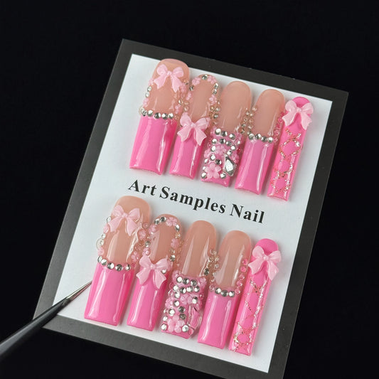 10pcs high-end Pink girl style, hand-painted three-dimensional engraved patterns, bow, dazzling cluster of diamond handmade fake