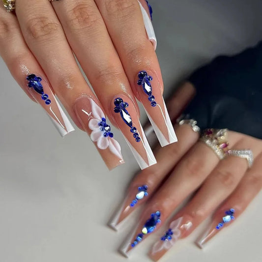24pcs White French Press on Nails Fashion Rhinestone Long Ballet Nails Sets Simple Flower Design Fake Nail Reusable False Nail