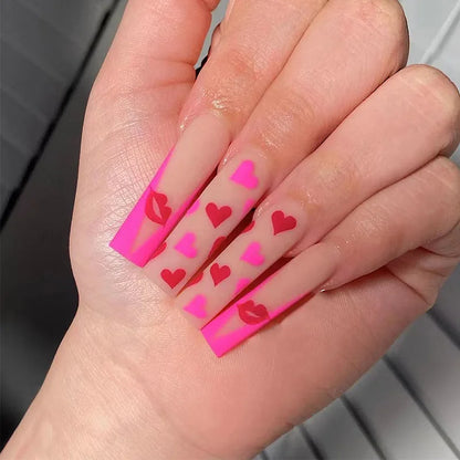Charm Sexy Red Lips Love Heart Romantic Valentine's Day Ballet Fake Nails Art Almond False Nail Tip Press on Nails Manicure Tool