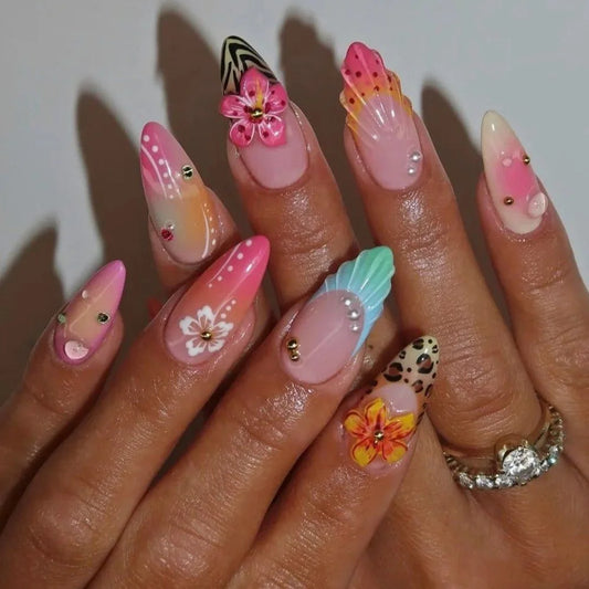 24Pcs Purple Cat Eye Dreamy Fish-tail Pearl Designs French False Nails Full Cover Rhinestone Stick on Nails Wearable Almond Nail