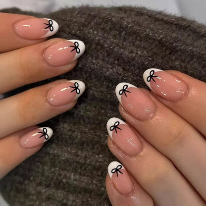 24pcs Fashion French White Fake Nails Sets Sweet Flower Long Almond False Nail Art Wearable Bow Pearl Design Press on Nails Tips