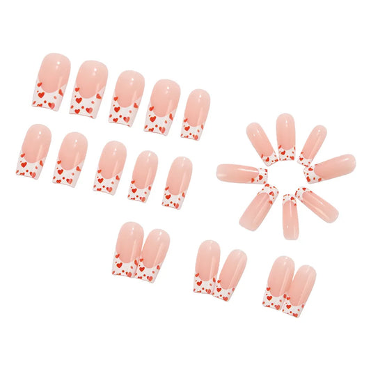 24PCS Romantic Sweet Red Heart False Nails Square French Tips Design Press on Nails European American Valentines Day Nails Fake