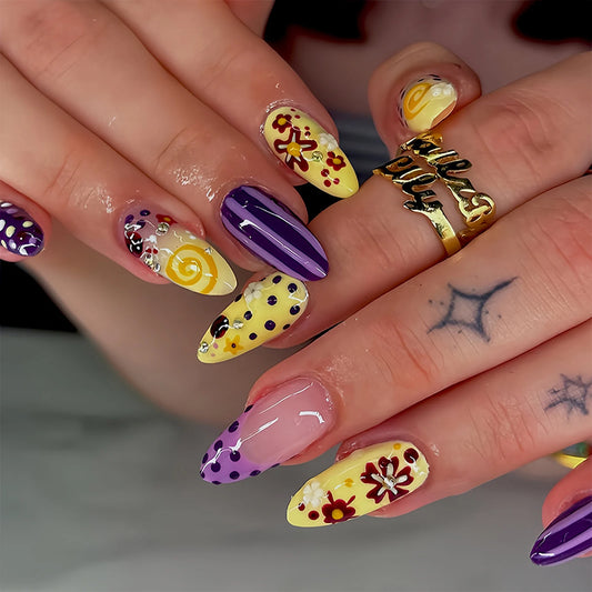 24pcs Retro Graffiti Almond Press On Nails Flower Polka Dot Stripes Designs False Nails Colorful French Style Summer Fake Nail