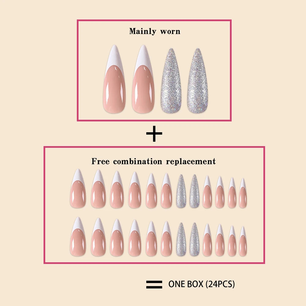 Women Summer Nails Long Stiletto Pink White Color Blocking French Silver Glitter Powder Full Coverage Wearable Fake Nail Set