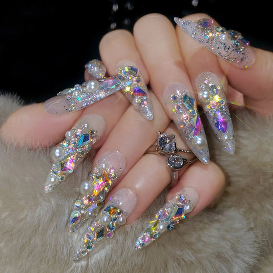 24pcs Full Flash Rhinestone Press On Nails Light Luxury Shiny Sequins Designs False Nails Long Stiletto Bride Wedding Fake Nail