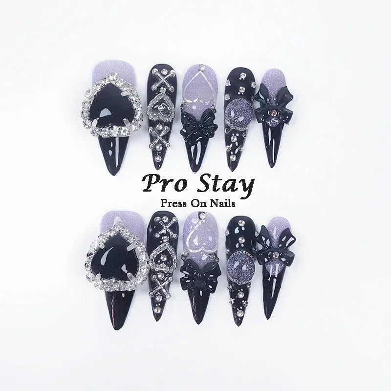 10pcs Dark Black Y2k Hot Girl Handmade Press On Nails Sweet Cool With Diamond Metal Decoration Wearable Artificial False Nail