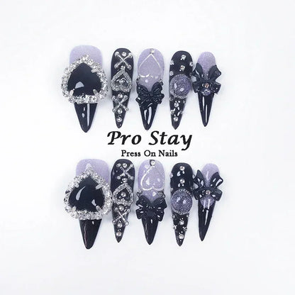 10pcs Dark Black Y2k Hot Girl Handmade Press On Nails Sweet Cool With Diamond Metal Decoration Wearable Artificial False Nail