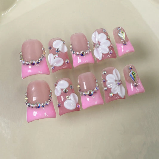 10Pcs Short Duckbill Handmade Full Cover Nails Tips Bow Rhinestone Fake Nails Pink Gradient French Wearable Press on False Nails