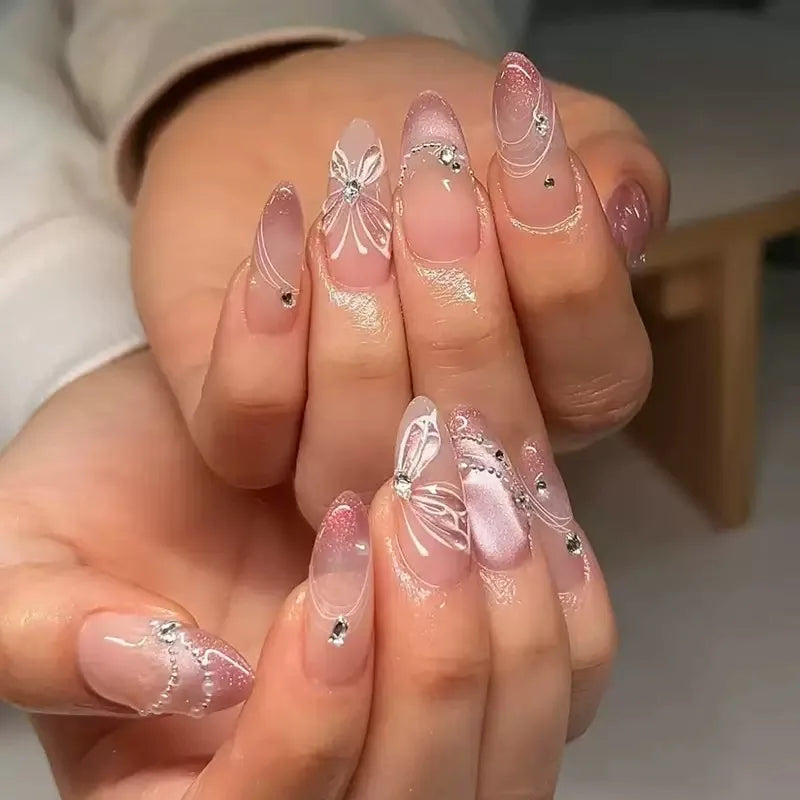 24Pcs Light Blue Smudge Fake Nails Press on Almond Gold Leaf Removable Long Full Cover Nail Tips Wearable Finished Nail Art