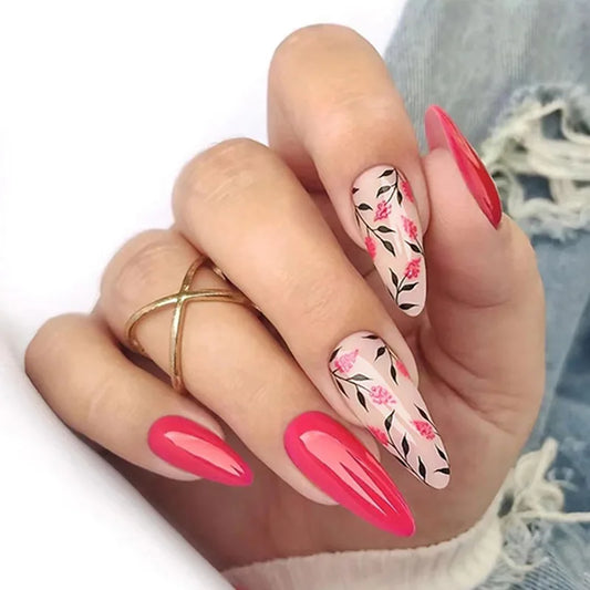 24Pcs French Press on Fake Nails Full Cover Flowers Designs Summer Red Almond Nail Tips Art Wearable French Fashion Manicure Set