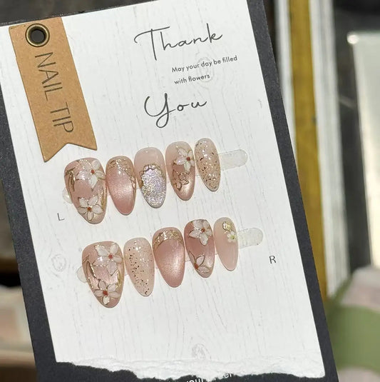 10Pcs Glitter Almond French Press on Nails Full Cover Flowers Cat Eye Design Fake Nail Set Wearable Short Oval Acrylic Nail Tips