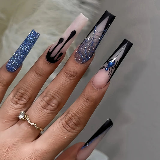 24pcs Long Ballet Halloween False Nails Glitter Rhinestone Decor Black French Press on Nails European Gothic Spiders Fake Nails