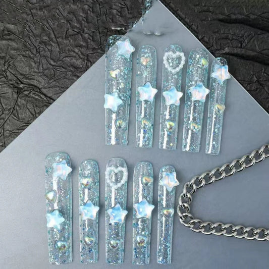 10pcs high-end Fresh and long handmade fake nails, Fresh and long nail decoration for girls