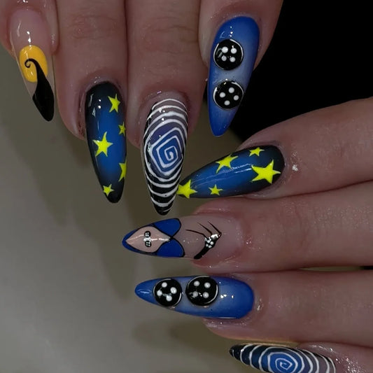 24pcs Spiral Stripes Pattern Press On Nails Star Pumpkin Lantern Halloween Elemants False Nail Blue French Syle Almond Fake Nail