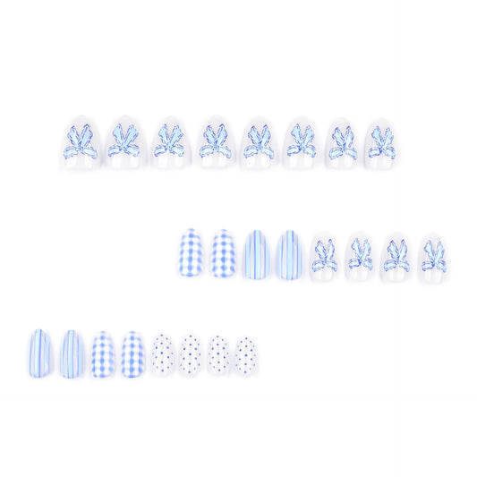 24PCS Light Blue White Almond Press on Nails Bow Stripes Gingham Polka Dot Print Fake Nails Coquette Aesthetic Reusable Manicure